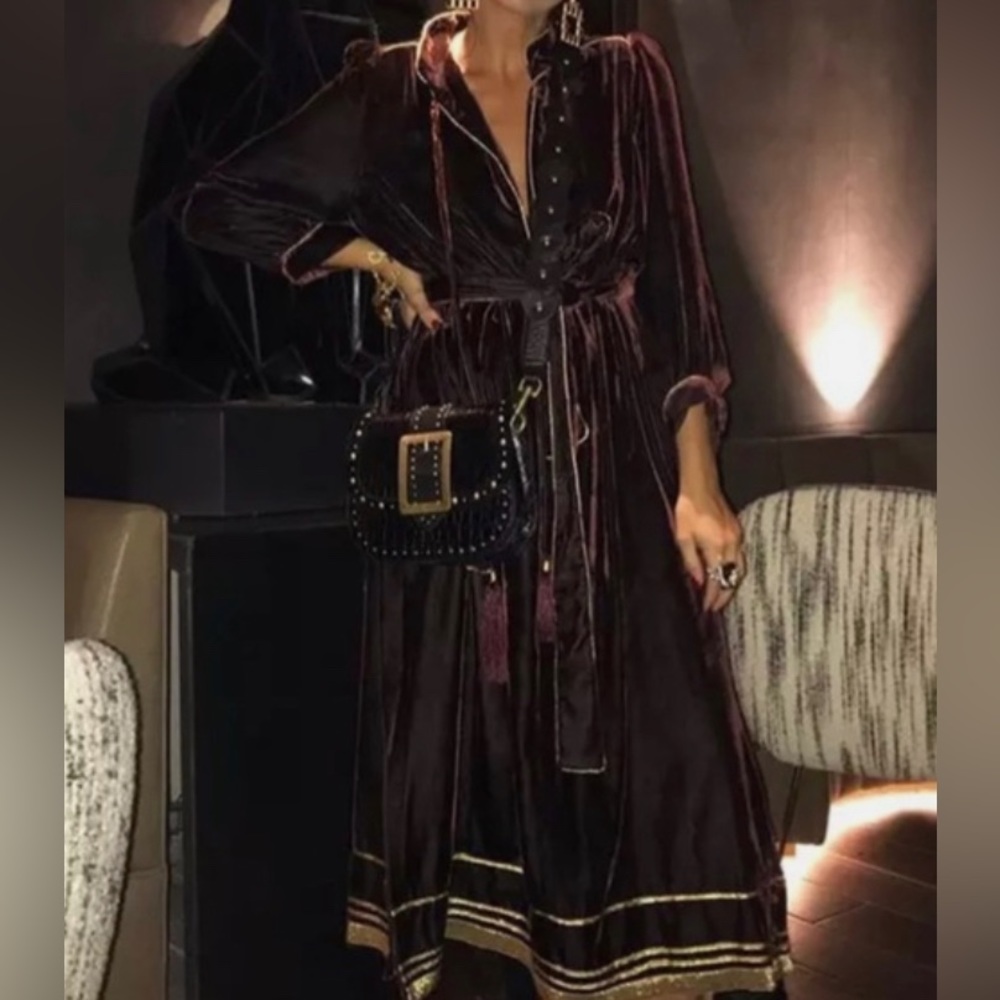 Zara 2018 fall/winter collection gold burgundy velvet dress